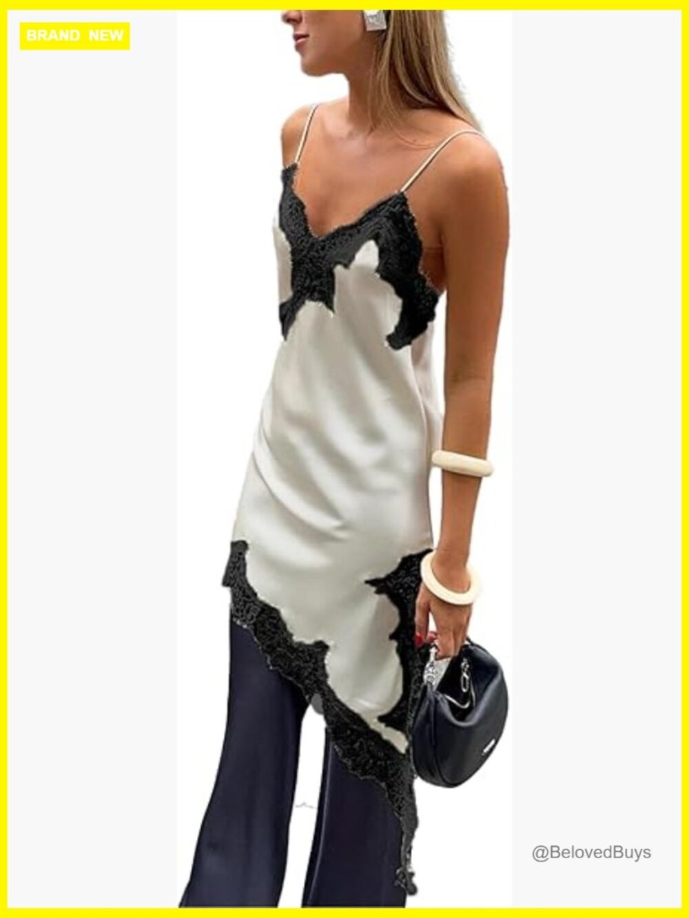 Satin Lace Trim Spaghetti Strap Cami Side Split Asymmetrical Silky Camisole Top